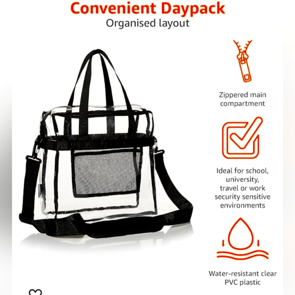 Amazon Basics Clear Stadium Approved Tote Daypack Backpack See Thru